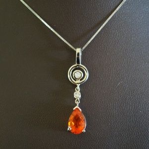 14KW Gold Genuine Fire Opal & Dia. Pendant W/Chain